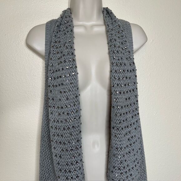 Lane Bryant Gray Duster Vest Waterfall Neck Sequin Beads Open Weave Women 14/16 - Picture 3 of 11